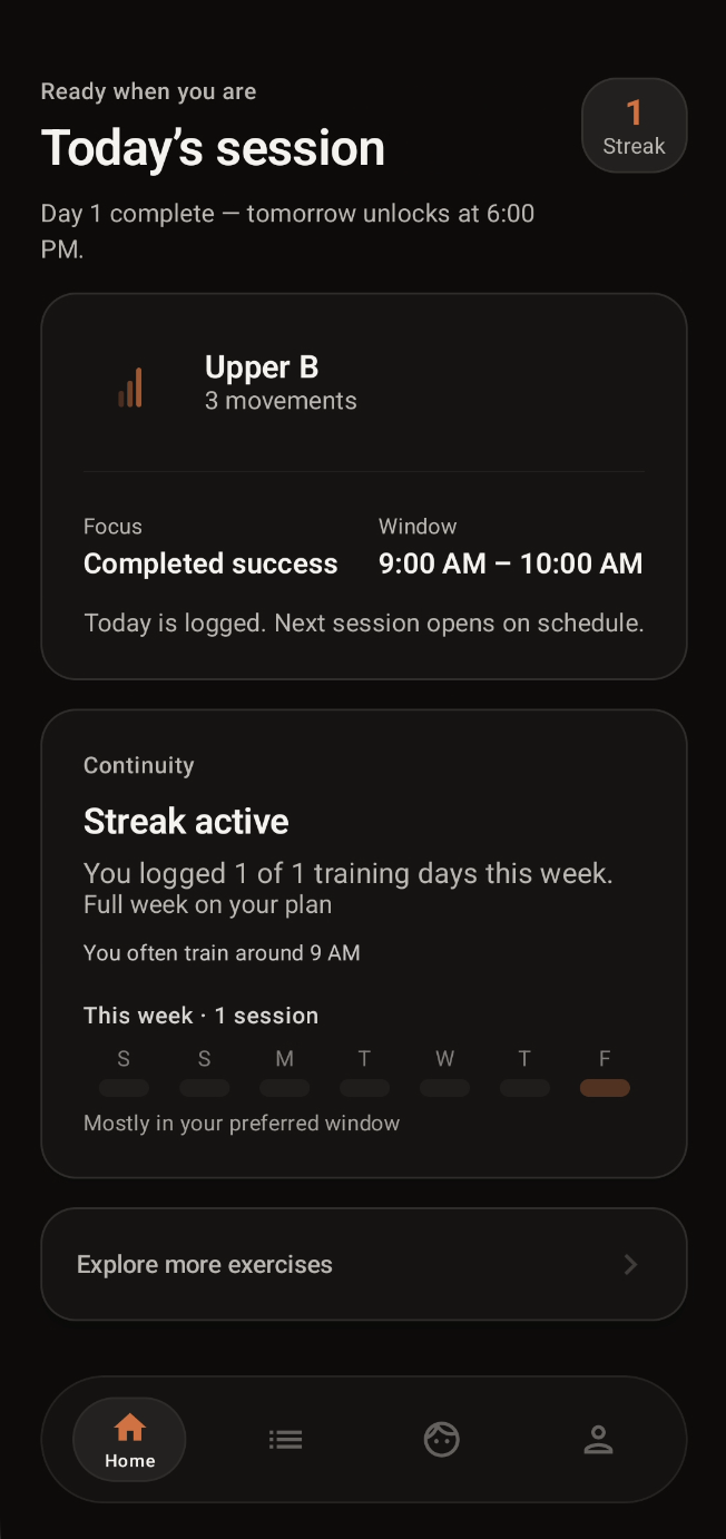 Pact home screen with today's workout session